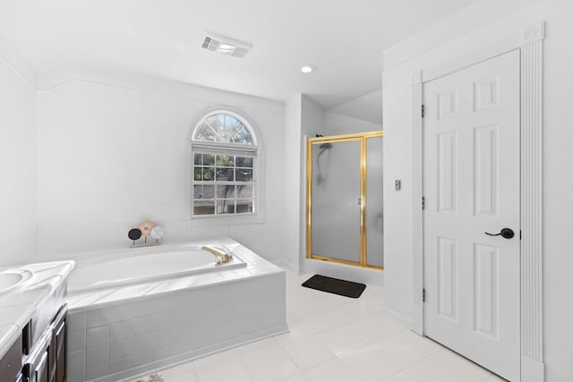 bathroom with visible vents, a stall shower, recessed lighting, a bath, and vanity