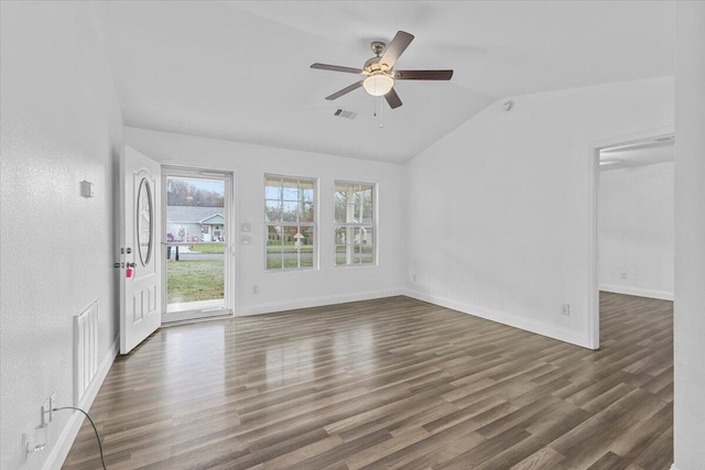 unfurnished living room featuring ceiling fan, visible vents, and wood finished floors