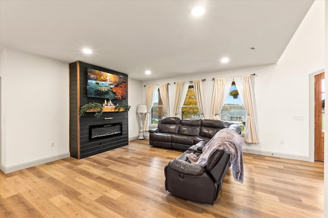 living room with a large fireplace and light hardwood / wood-style floors