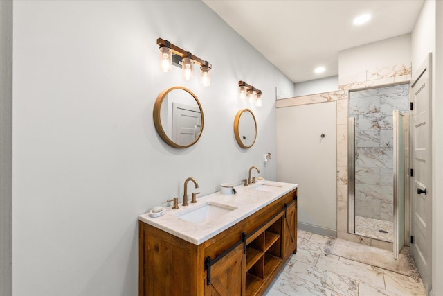 bathroom featuring vanity and tiled shower