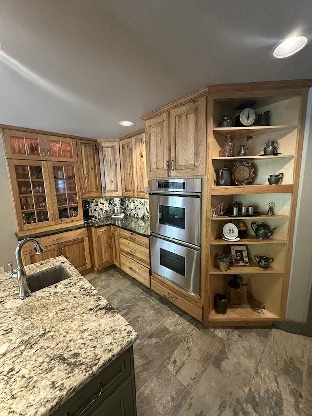 3041 Wineberry Ln, Morristown, TN 37814 - kitchen featuring a sink, double oven, open shelves, and dark stone finish flooring