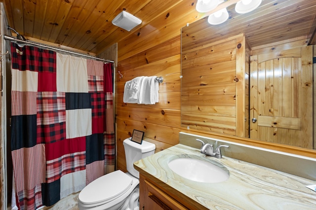 bathroom featuring a shower with curtain, wooden ceiling, toilet, vanity, and wood walls