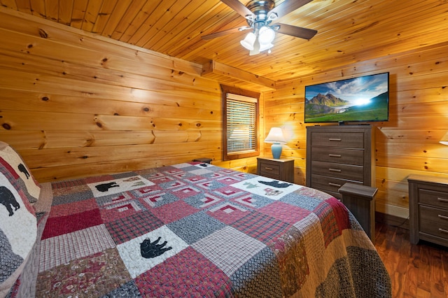 bedroom featuring ceiling fan, dark hardwood / wood-style flooring, wood walls, and wooden ceiling