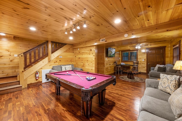 playroom with hardwood / wood-style flooring, wooden walls, and pool table