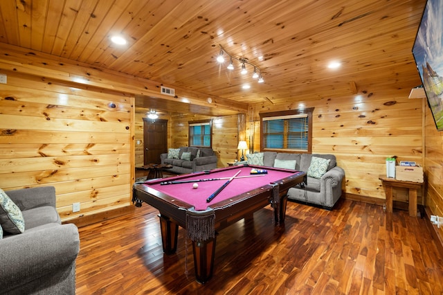 recreation room featuring billiards, rail lighting, dark wood-type flooring, and wooden walls