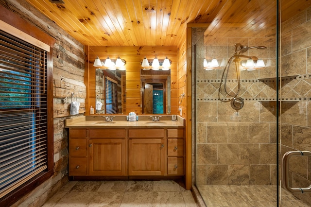 bathroom featuring wooden ceiling, a shower with door, and vanity