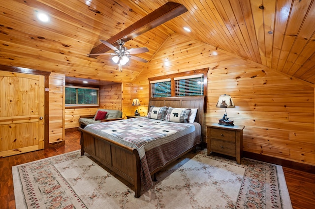 bedroom with wood ceiling, ceiling fan, light hardwood / wood-style floors, and lofted ceiling with beams