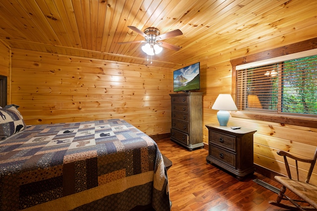 bedroom with ceiling fan, dark hardwood / wood-style flooring, wood walls, and wooden ceiling