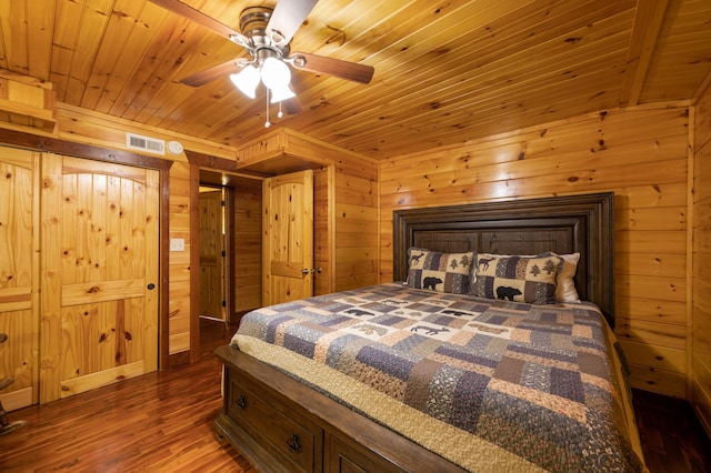 bedroom with wood ceiling, ceiling fan, and wooden walls