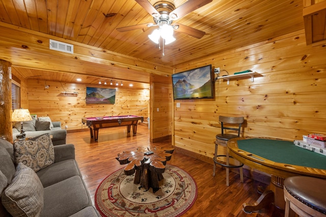 game room with wood ceiling, wood-type flooring, billiards, wood walls, and ceiling fan