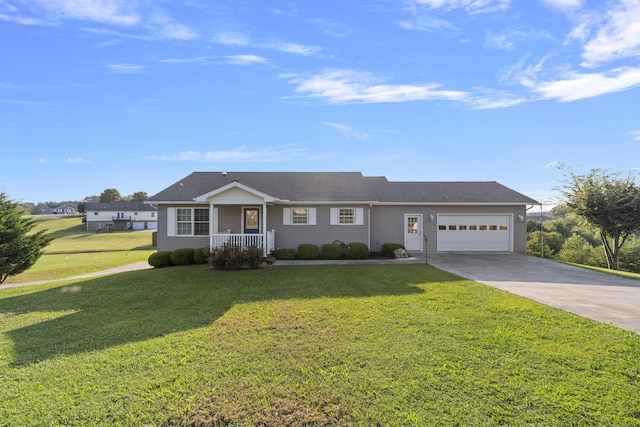 ranch-style house with a garage and a front yard