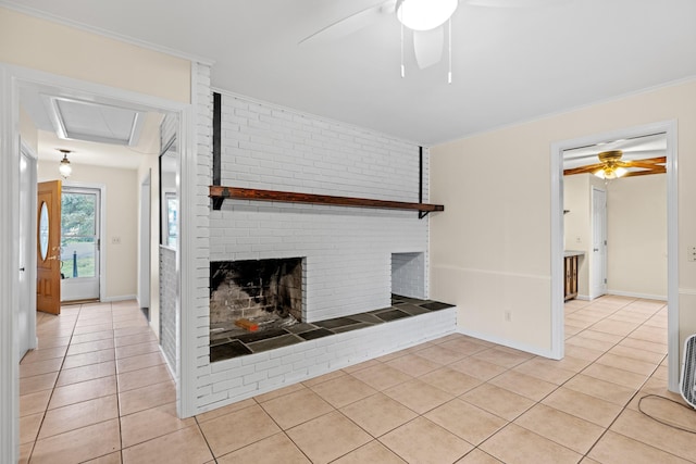 unfurnished living room featuring light tile patterned flooring, a fireplace, and ceiling fan