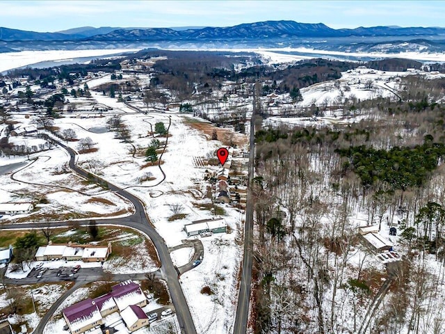 snowy aerial view featuring a mountain view