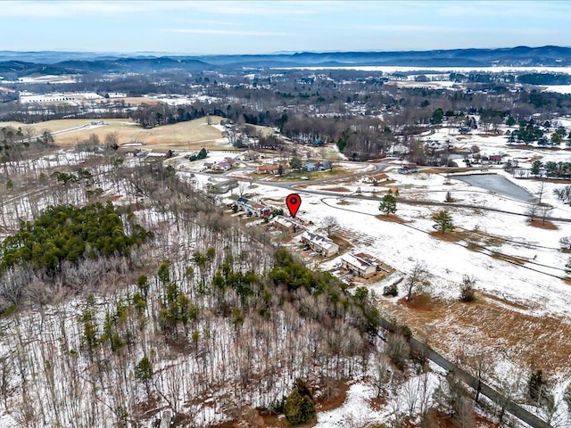 snowy aerial view featuring a mountain view