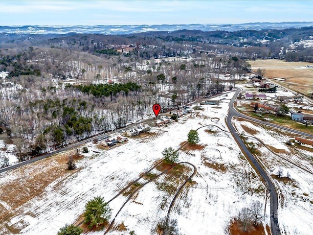 snowy aerial view featuring a mountain view