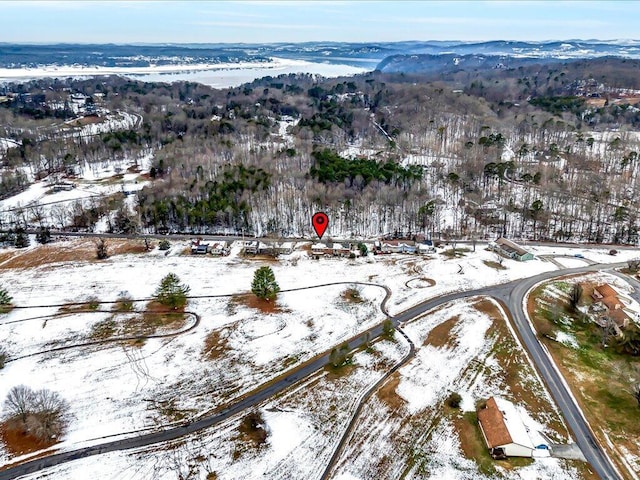 snowy aerial view with a mountain view