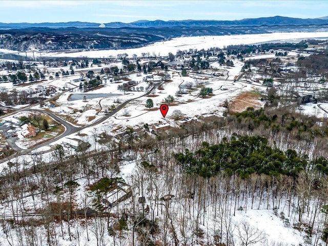 snowy aerial view featuring a mountain view