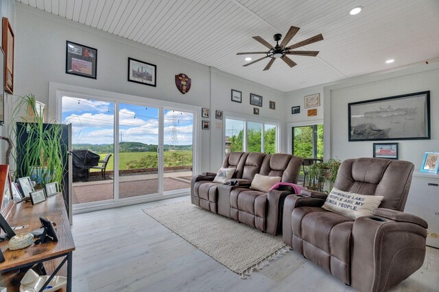 618 Deer Run Trl, Bean Station, TN 37708 - living area featuring wood finished floors, ceiling fan, wood ceiling, a wall mounted AC, and recessed lighting
