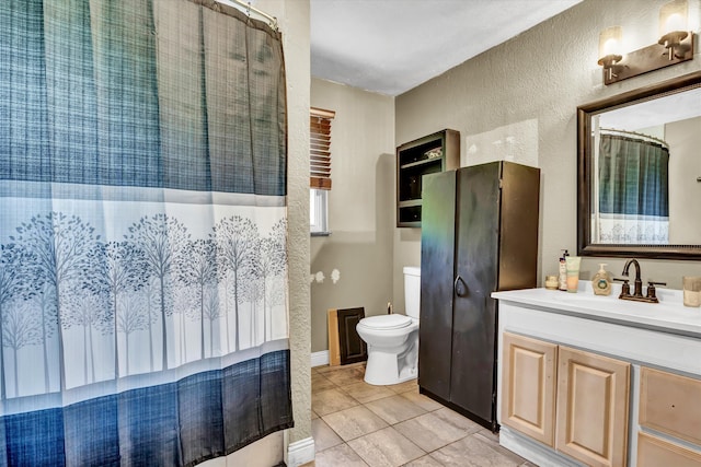 1651 Old Liberty Hill Rd, Morristown, TN 37814 - full bathroom with toilet, vanity, tile patterned floors, a textured wall, and curtained shower