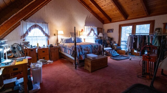 bedroom featuring carpet, beam ceiling, wood ceiling, and high vaulted ceiling