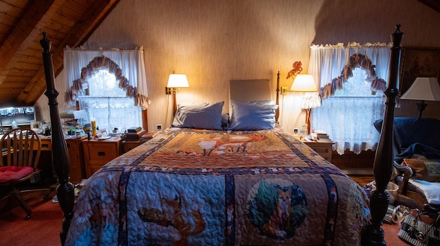 carpeted bedroom with lofted ceiling with beams and wood ceiling