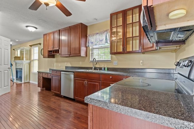 kitchen featuring a sink, stainless steel appliances, exhaust hood, ceiling fan, and dark countertops