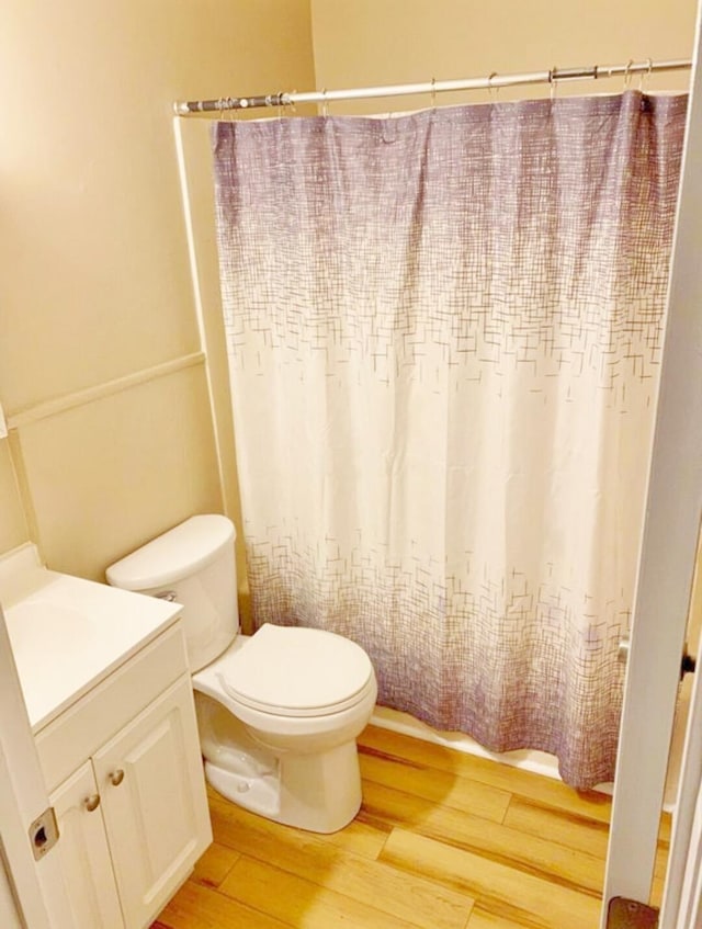 bathroom with vanity, hardwood / wood-style flooring, and toilet