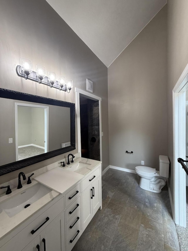 2157 Windy Cove Ln, Talbott, TN 37877 - full bath with double vanity, high vaulted ceiling, and stone finish flooring