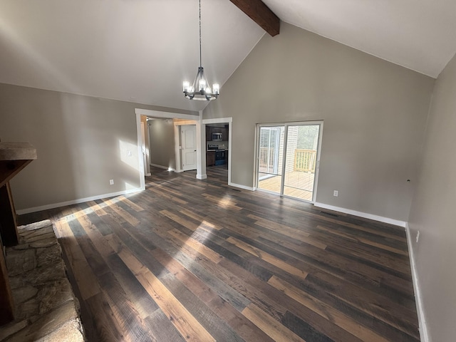 2157 Windy Cove Ln, Talbott, TN 37877 - unfurnished living room featuring high vaulted ceiling, dark wood-style flooring, beam ceiling, and a chandelier