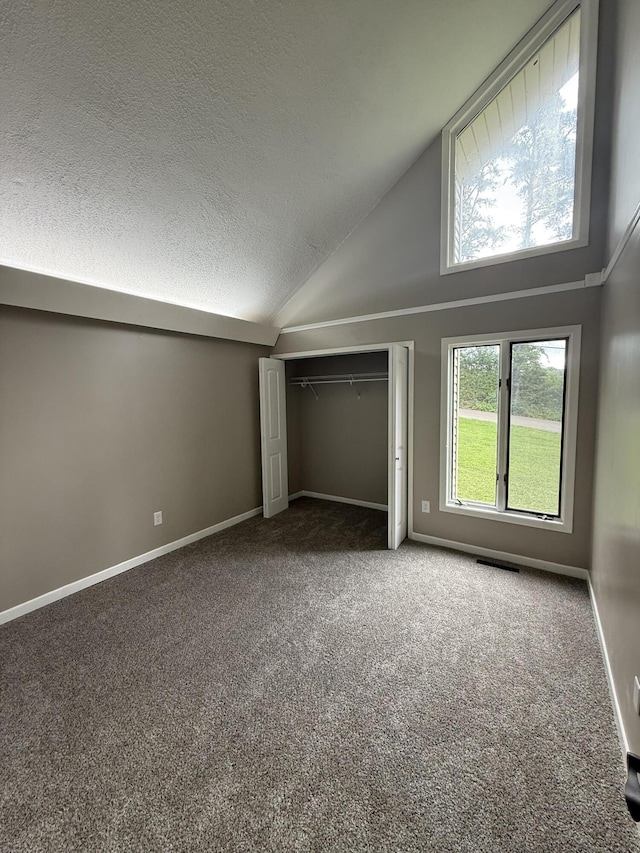 2157 Windy Cove Ln, Talbott, TN 37877 - unfurnished bedroom with carpet floors, high vaulted ceiling, a closet, and a textured ceiling