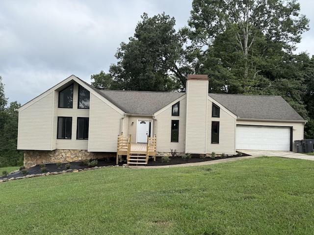 2157 Windy Cove Ln, Talbott, TN 37877 - mid-century modern home with concrete driveway, a front lawn, a chimney, an attached garage, and a shingled roof