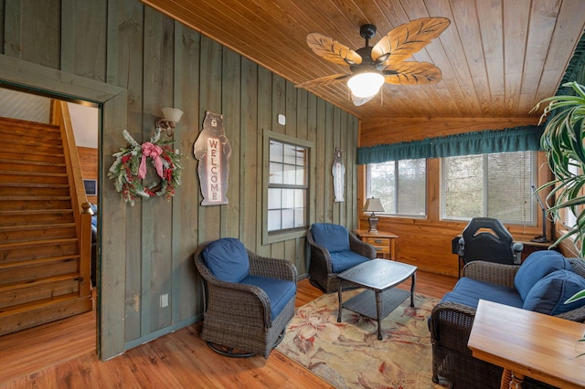 sitting room featuring hardwood / wood-style flooring, wooden walls, vaulted ceiling, and wooden ceiling