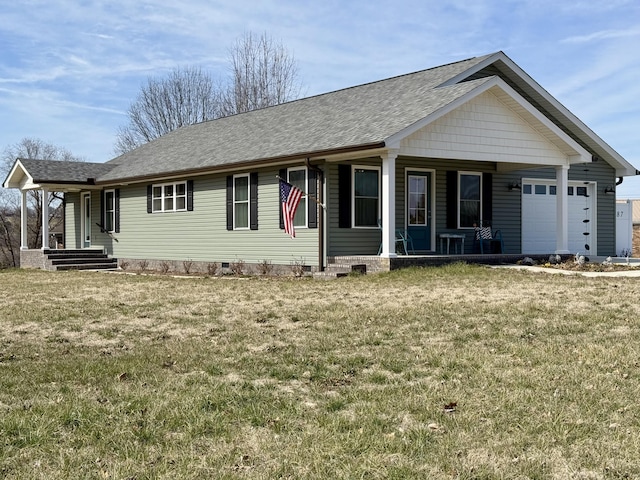 single story home with a porch, an attached garage, roof with shingles, crawl space, and a front lawn