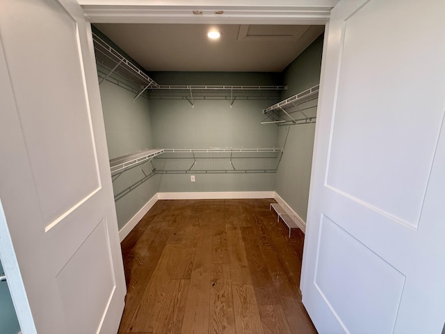 walk in closet with wood finished floors