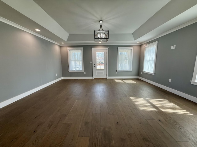 foyer featuring baseboards, a tray ceiling, dark wood finished floors, and a wealth of natural light