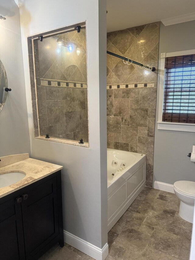 240 Clifton Heights Rd, Newport, TN 37821 - full bathroom with vanity, toilet, a jetted tub, baseboards, and walk in shower
