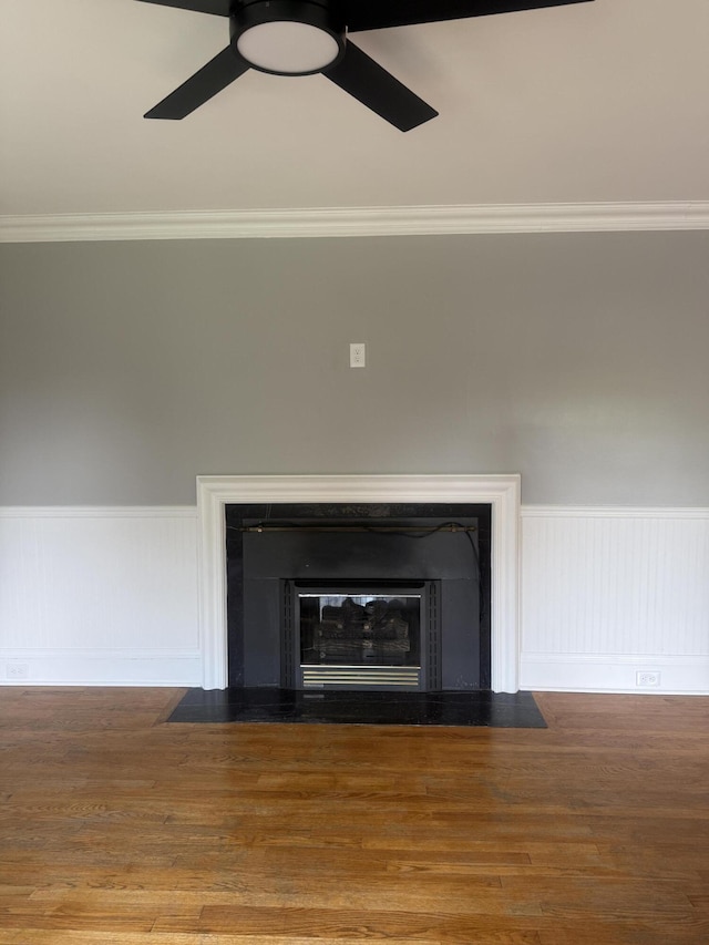 240 Clifton Heights Rd, Newport, TN 37821 - details featuring ceiling fan, a fireplace with flush hearth, wainscoting, and ornamental molding