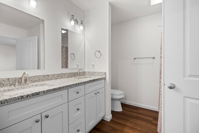 bathroom featuring double vanity, a sink, baseboards, and wood finished floors