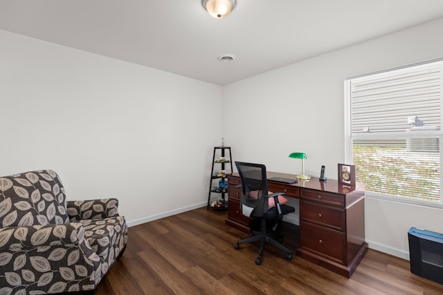 home office featuring baseboards, visible vents, and dark wood-type flooring