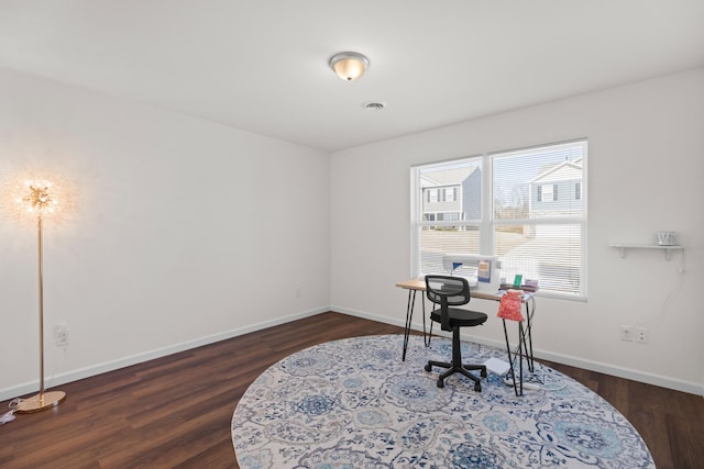 home office with dark wood finished floors, visible vents, and baseboards