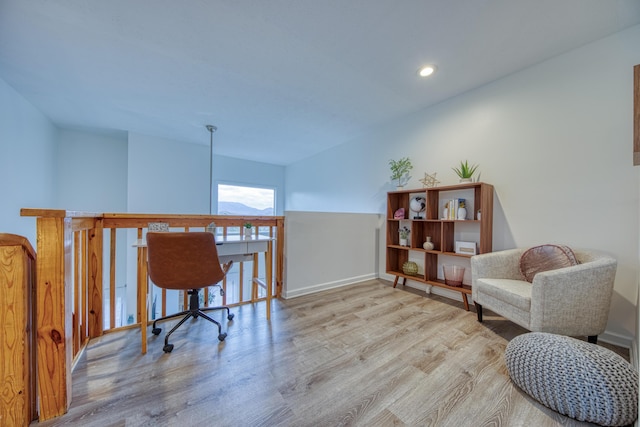 office area featuring recessed lighting, baseboards, and wood finished floors