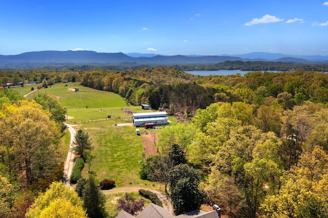 drone / aerial view with a forest view and a water and mountain view