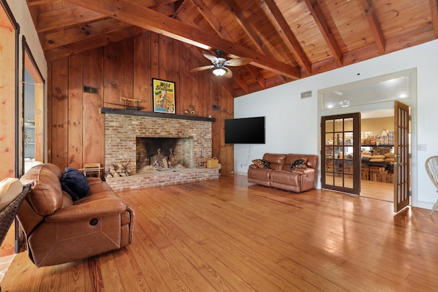 living area featuring wooden ceiling, visible vents, and wood finished floors