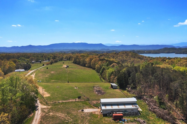 drone / aerial view featuring a forest view and a mountain view