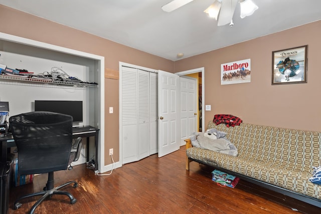 office with wood-type flooring, baseboards, and a ceiling fan