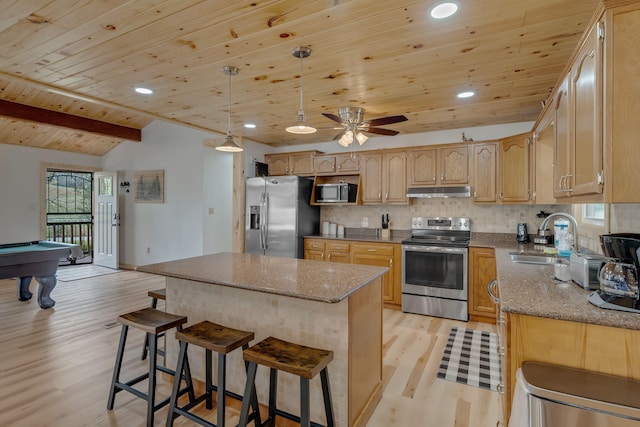 kitchen featuring wooden ceiling, sink, billiards, decorative backsplash, and appliances with stainless steel finishes