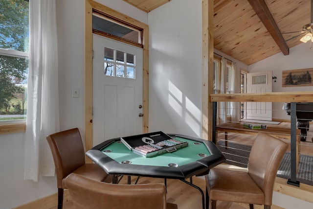 interior space with lofted ceiling with beams, ceiling fan, and wood ceiling