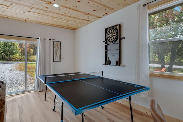 game room featuring light wood-type flooring and wooden ceiling