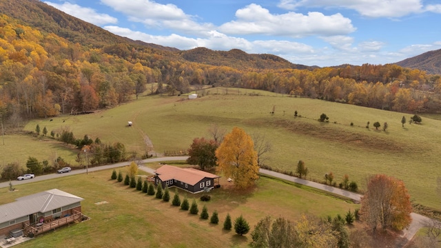 drone / aerial view with a mountain view and a rural view