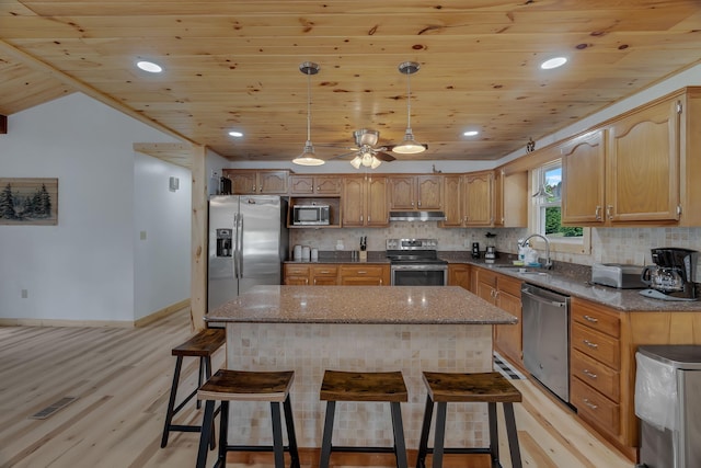 kitchen featuring a center island, sink, appliances with stainless steel finishes, light hardwood / wood-style floors, and wood ceiling